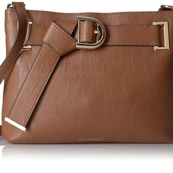 Calvin Klein Nola Brown Belted Top Zip Adjustable Strap Crossbody Shoulder Bag - Picture 1 of 11